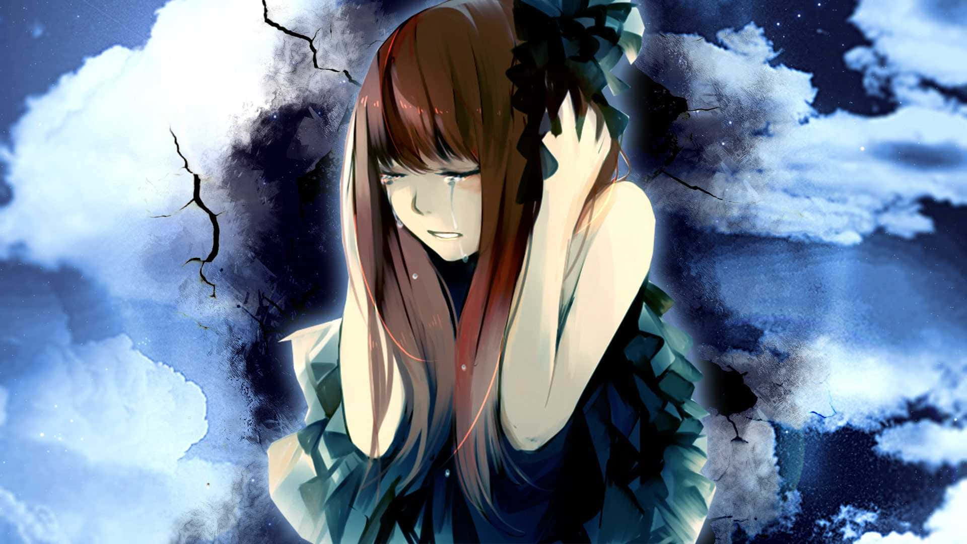 悲傷壓抑的動漫女孩抱頭哭泣 壁紙 — 一個悲傷的動漫女孩，長長的棕色頭髮，在充滿烏雲的裂開暴風雨天空下哭泣。