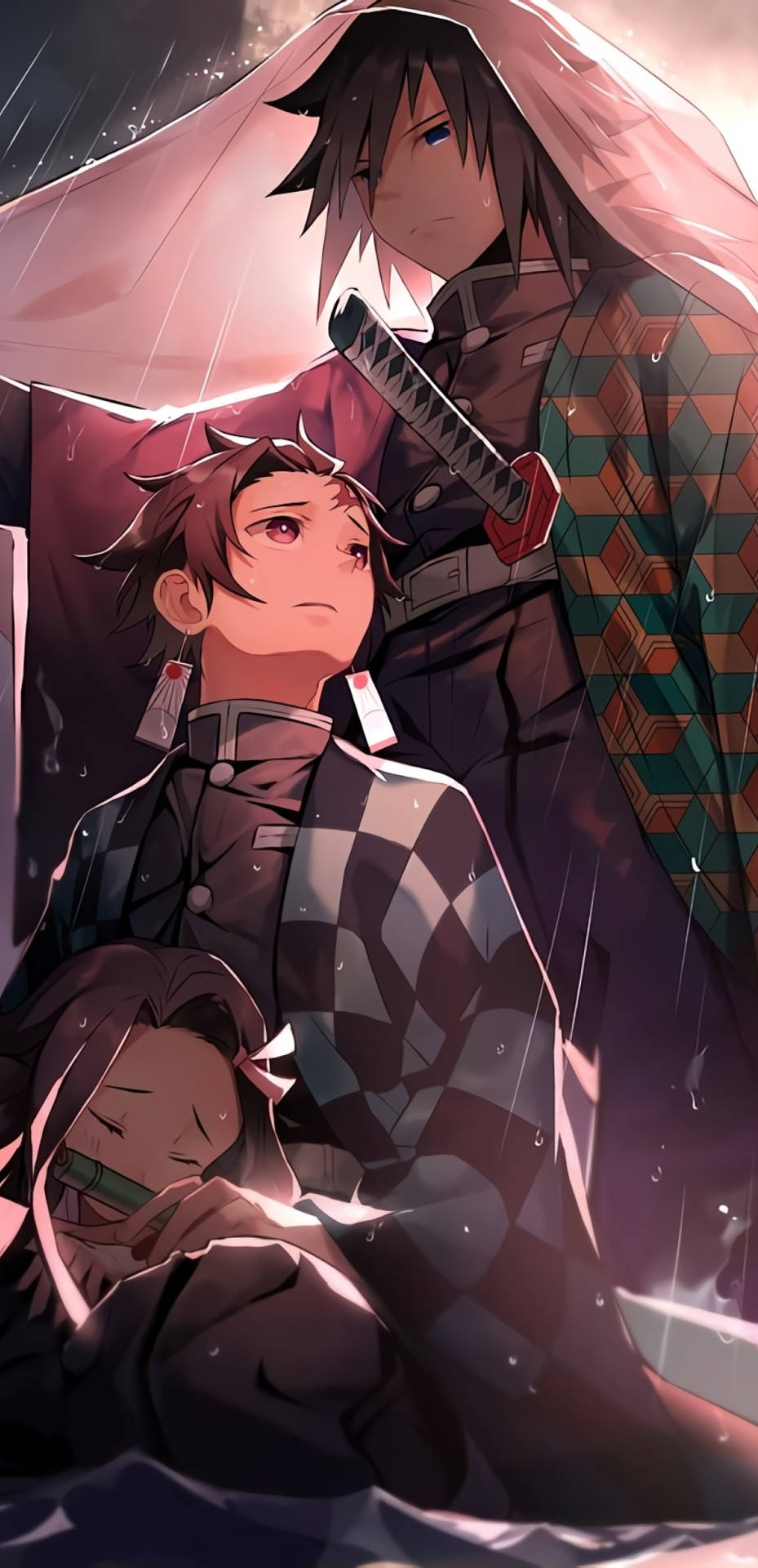悲傷惡魔少女漫畫角色 壁紙 — 兩個動漫角色喺落雨場景中，喺柔和發光嘅光線下，擠喺一把共用嘅遮下面。