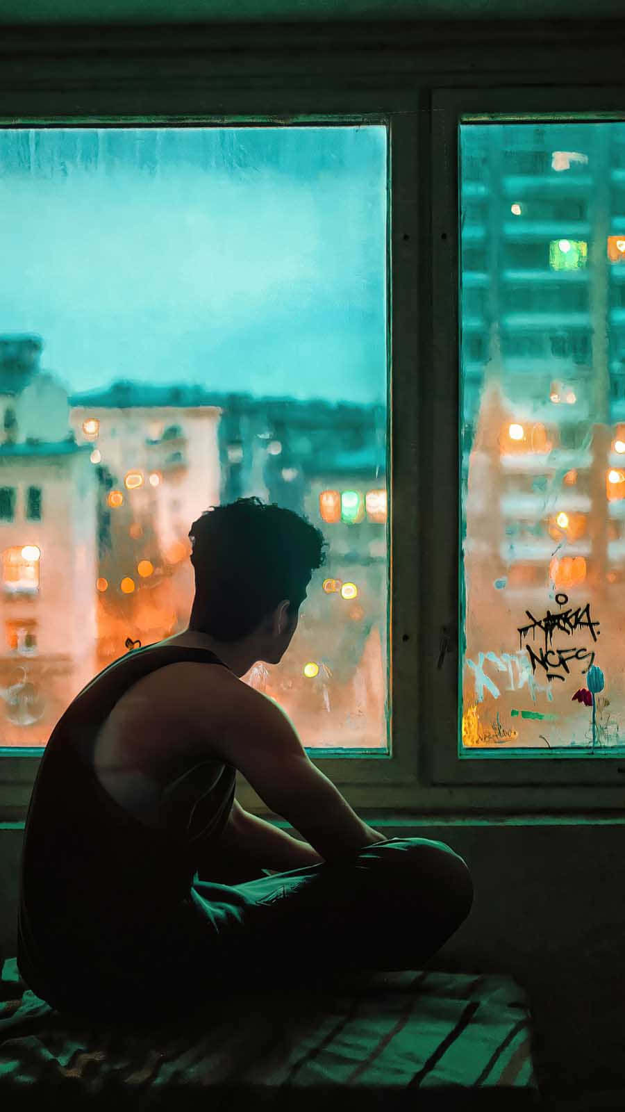 悲傷男子窺視窗外 壁紙 — 一個孤獨的身影以剪影坐在床上，凝視著雨痕斑斑的窗外，夜晚的城市景觀閃爍著光芒。