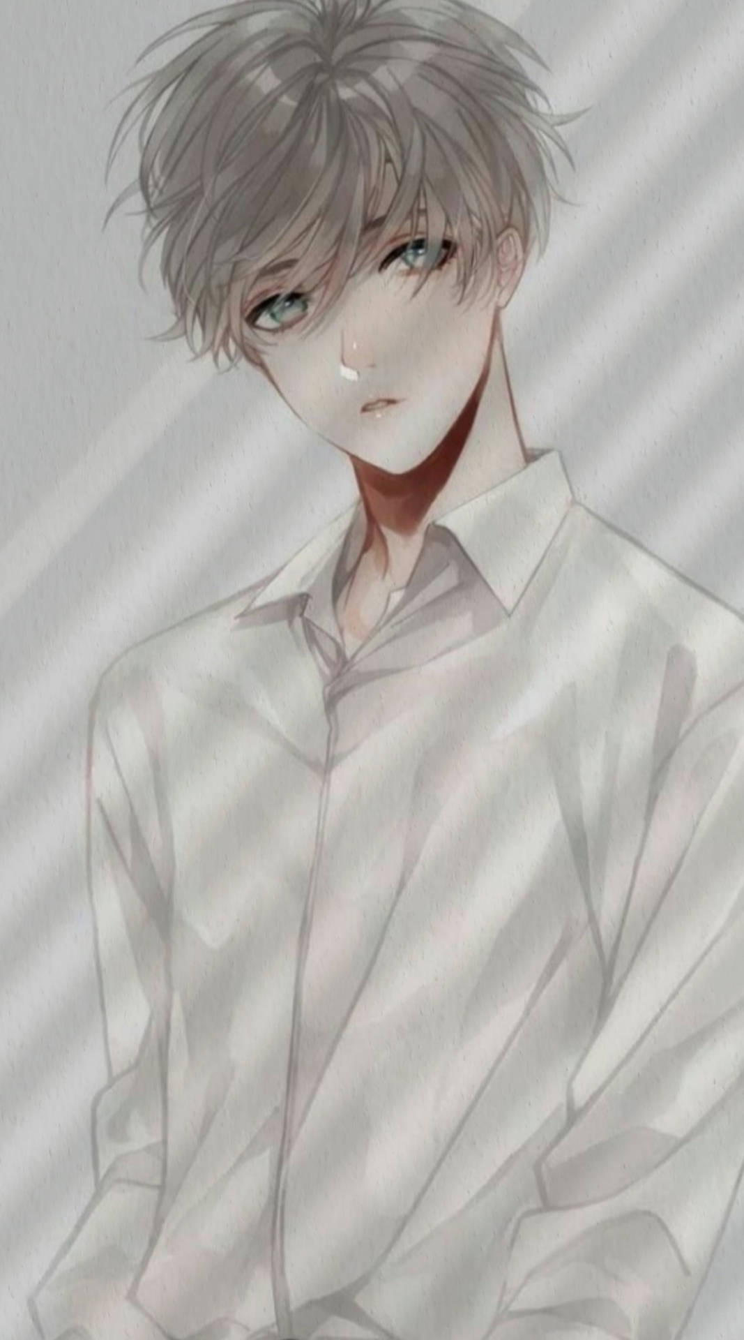 動漫男孩，灰色頭髮和藍色眼睛，穿著白色襯衫，在柔和光線下。 — 卡通 iPhone 壁紙 壁紙