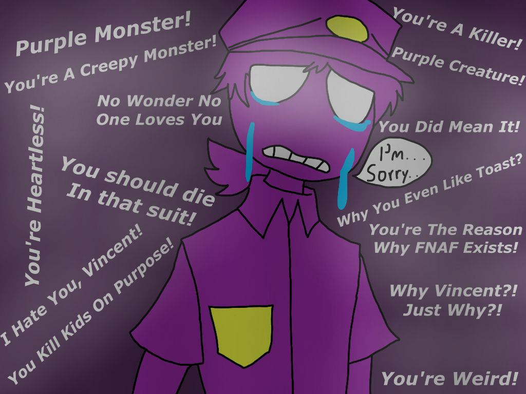 悲傷的 FNAF 紫色男孩 壁紙 — 一個穿著警察制服的紫色卡通角色被憤怒的文字指控包圍著哭泣。