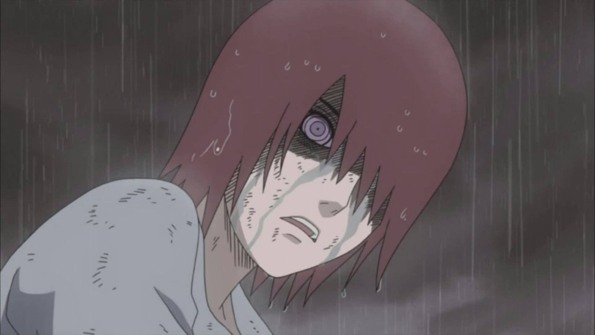 紅髮動漫女孩在暴風雨場景中哭泣。