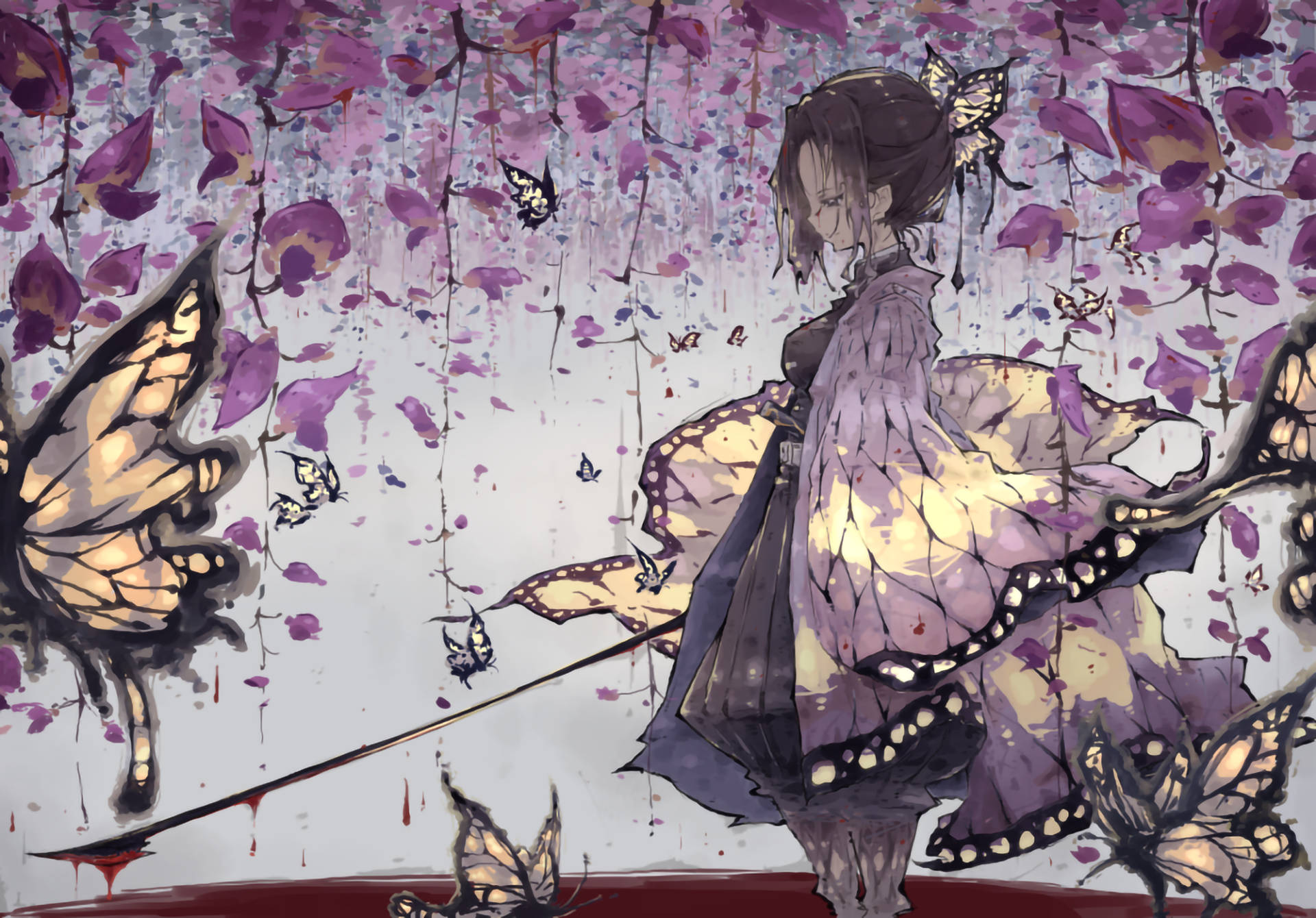 悲傷的時透無一郎藝術 壁紙 — 一位穿著紫色和服的年輕女子站在飄落的紫色樹葉和發光的蝴蝶之中，營造出超現實、如夢似幻的場景。