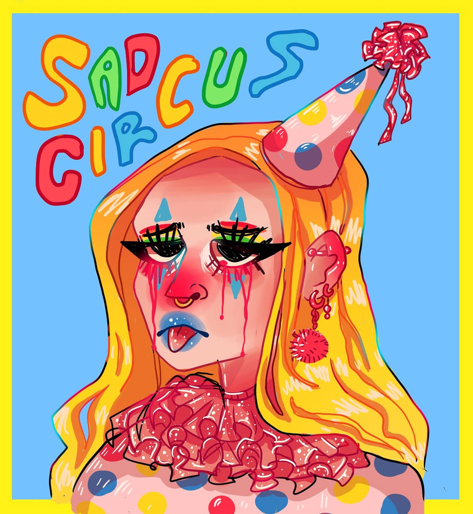 悲傷的馬戲團小丑 壁紙 — 一幅充滿活力的卡通風格插圖，描繪一個悲傷的小丑，流著眼淚，化著色彩繽紛的妝容，戴著派對帽，背景是明亮的藍色。