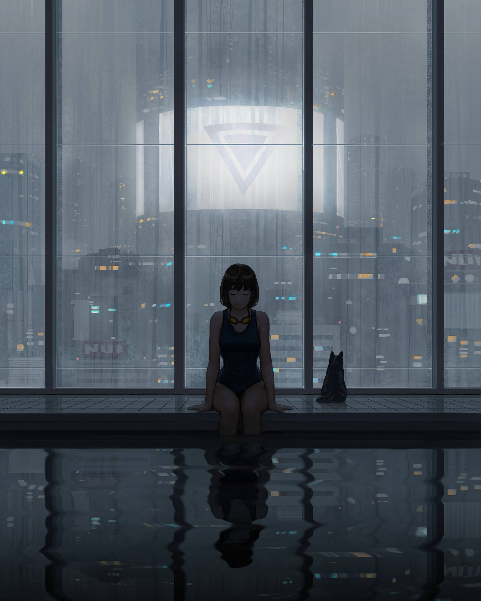 動漫女孩穿著泳衣坐在泳池邊，池水倒映著雨夜的霓虹城市