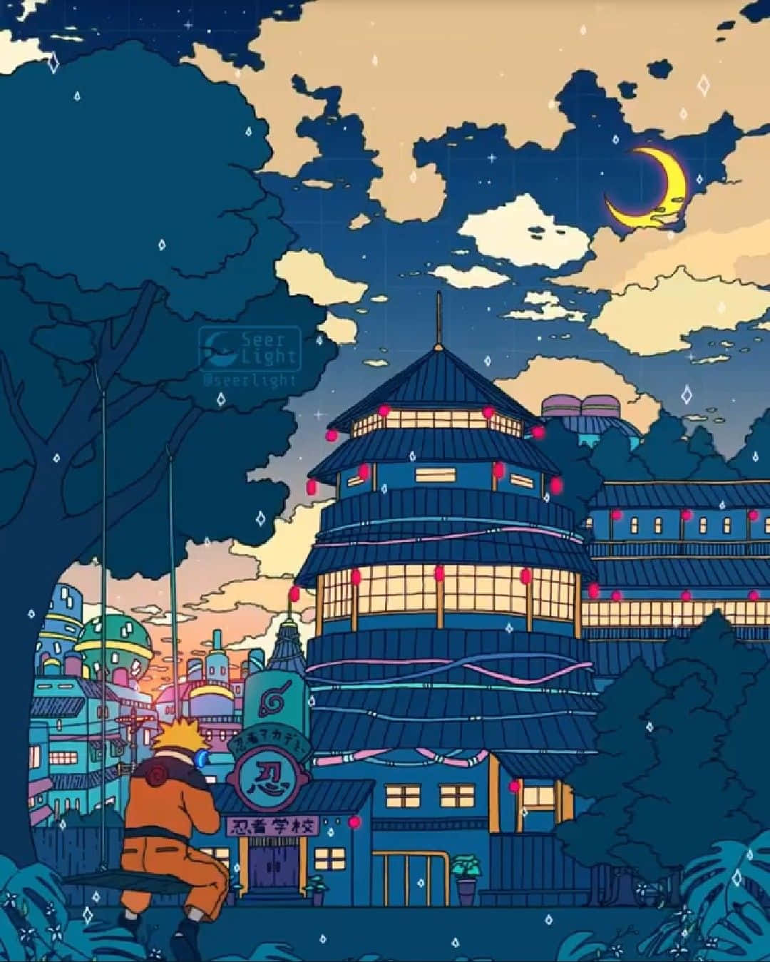 穿著橙色衣服的忍者站在新月下發光的藍色塔前。