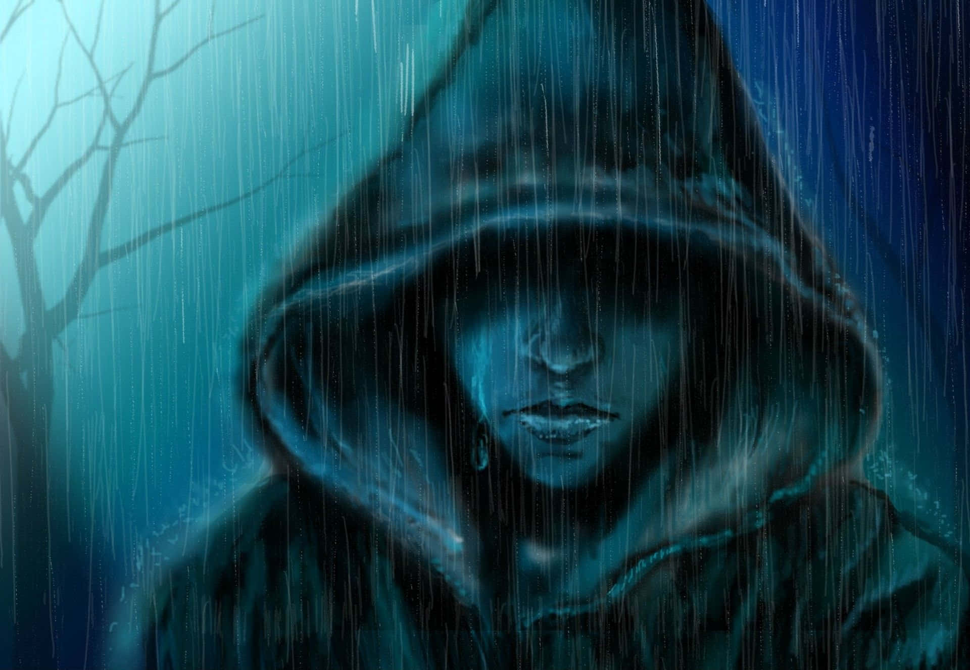 一個戴兜帽的人在夜雨中，背景有光禿樹木和藍色燈光。