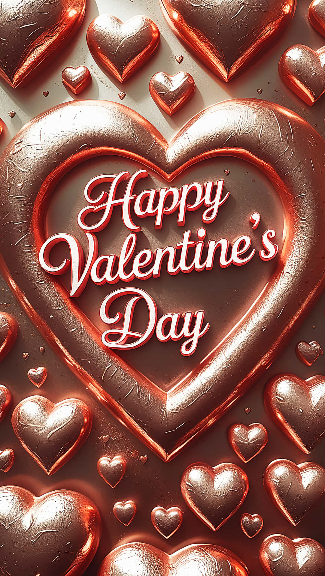 情人節 壁紙 — 一個帶有「Happy Valentine's Day」字樣的光澤銅心，周圍散落著金屬心形，位於有紋理的表面上。