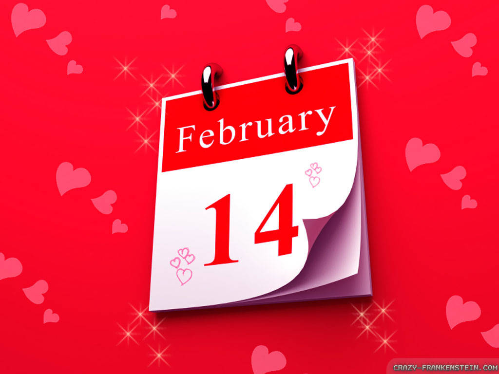 2月14日的紅色日曆頁面，帶有心形和閃光。