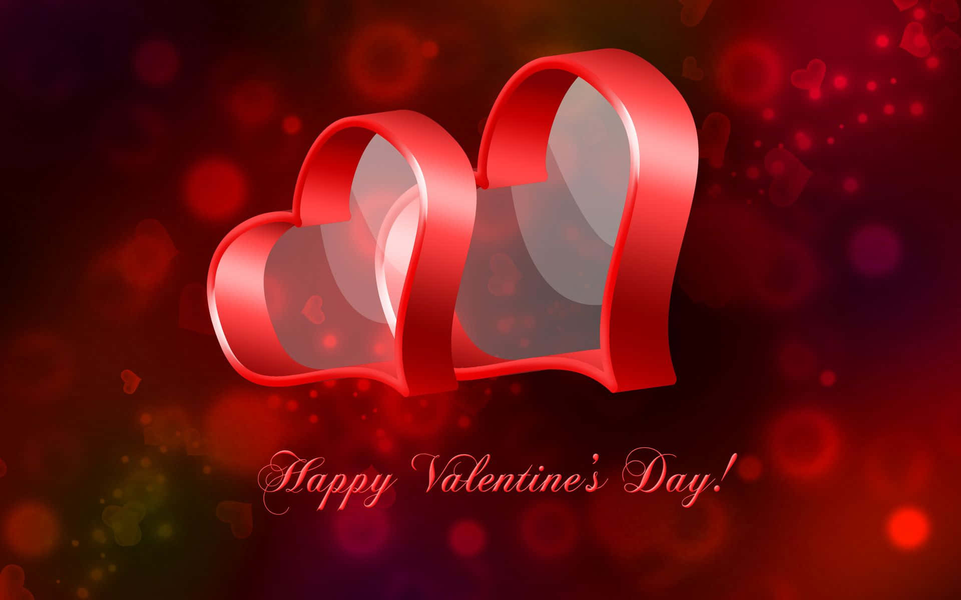 兩個紅色絲帶心形，上面有「Happy Valentine's Day!」文字，背景為發光的紅色。