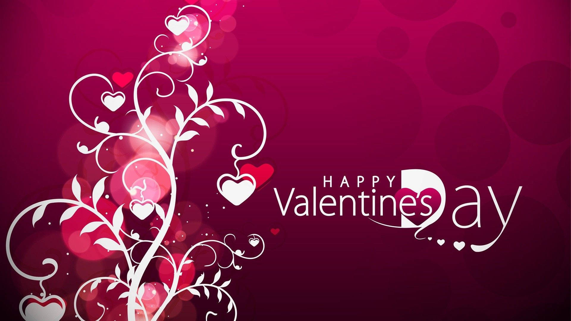 Happy Valentine's Day 圖案，粉紅色散景背景上有白色心形藤蔓 — 情人節 壁紙