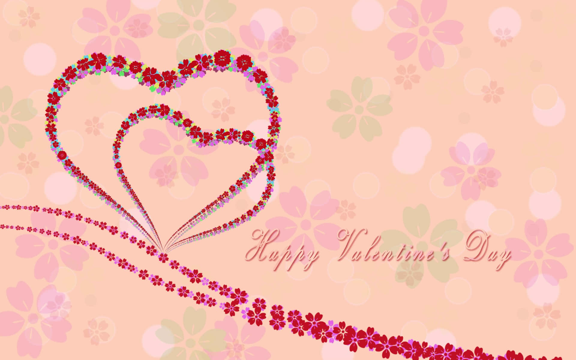 兩個交織的花卉心形，帶有「Happy Valentine's Day」文字，置於粉彩背景上。