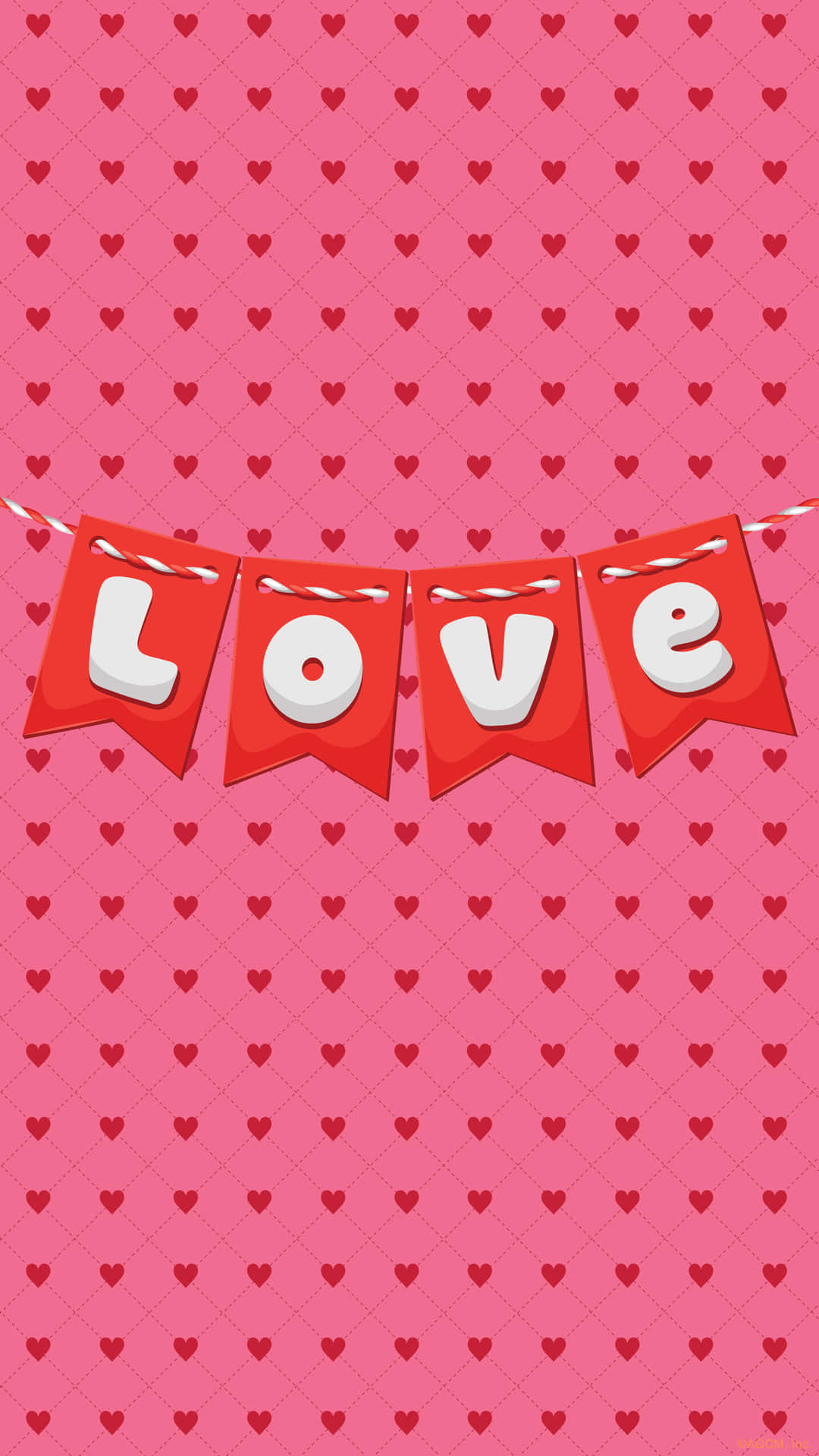 紅色橫幅上以白色字母拼出love，背景為粉紅色心形圖案。