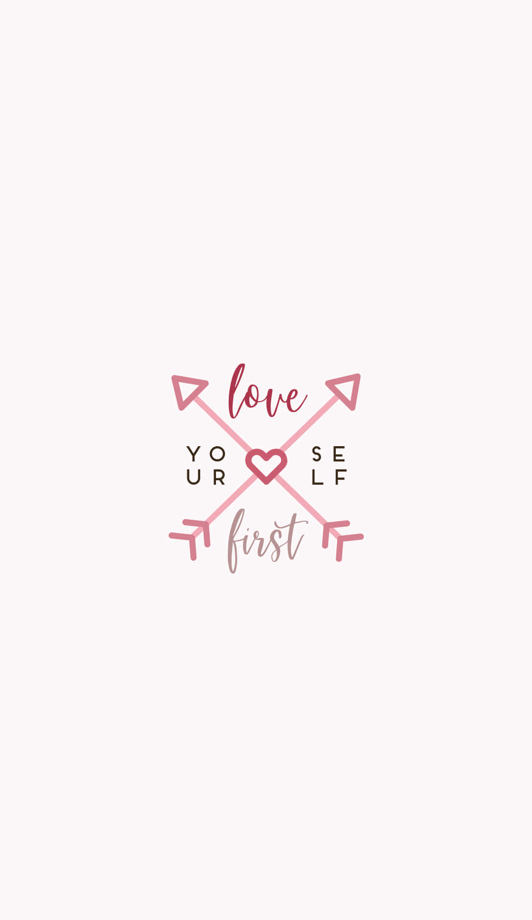粉紅色交叉箭頭、心形及文字 love yourself first 在白色背景上