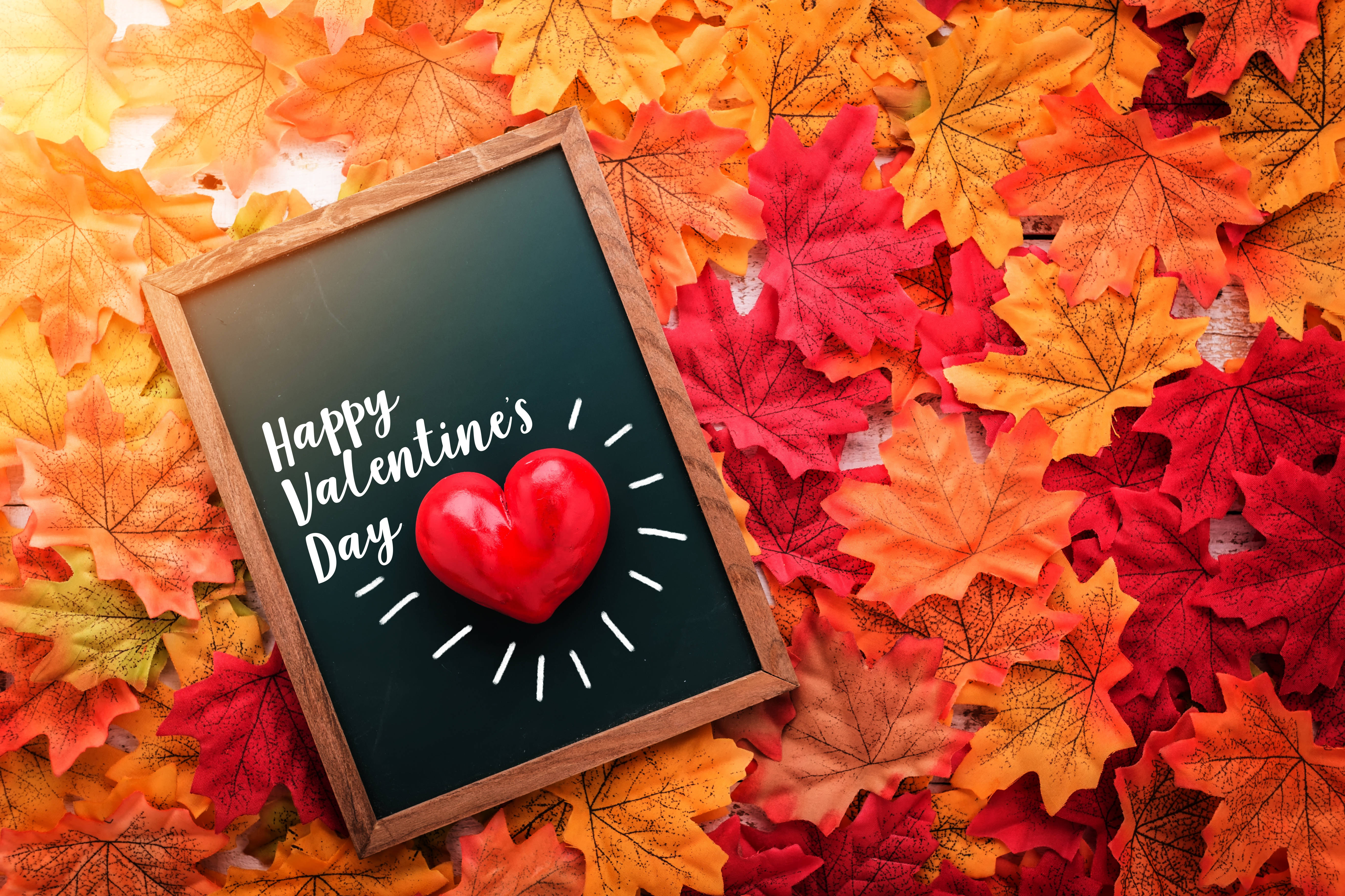 情人節秋日主題 壁紙 — 一個木框黑板，上面寫著「Happy Valentine's Day」和一個紅心，放在鮮豔的秋天楓葉堆上。