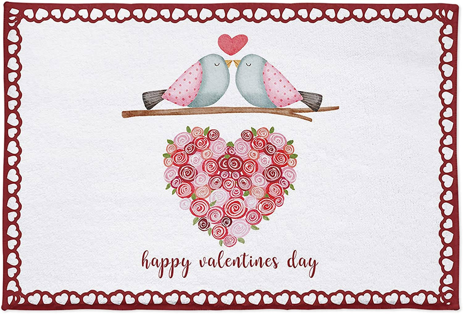 樹枝上兩隻雀仔喺玫瑰心形上面，有「happy valentines day」字樣。