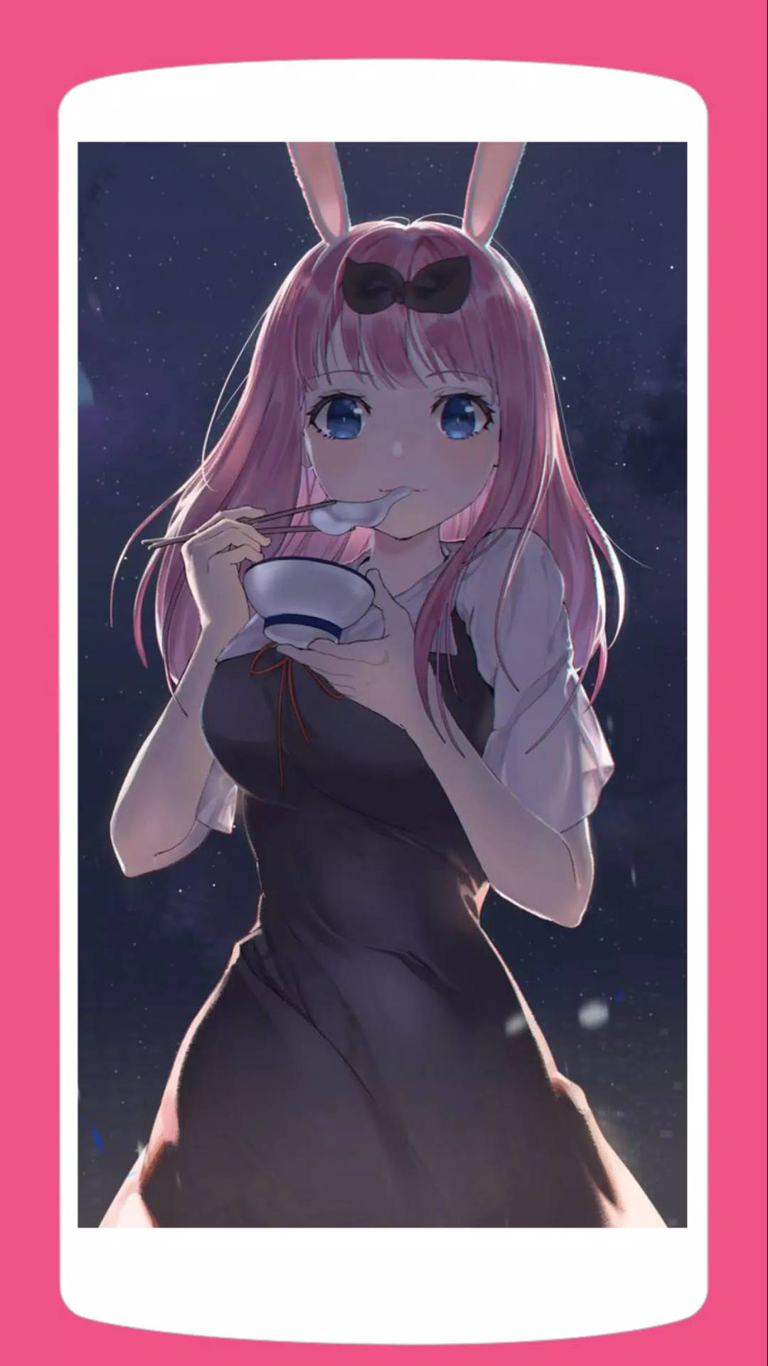 兔耳動漫女孩在星空下從碗中進食