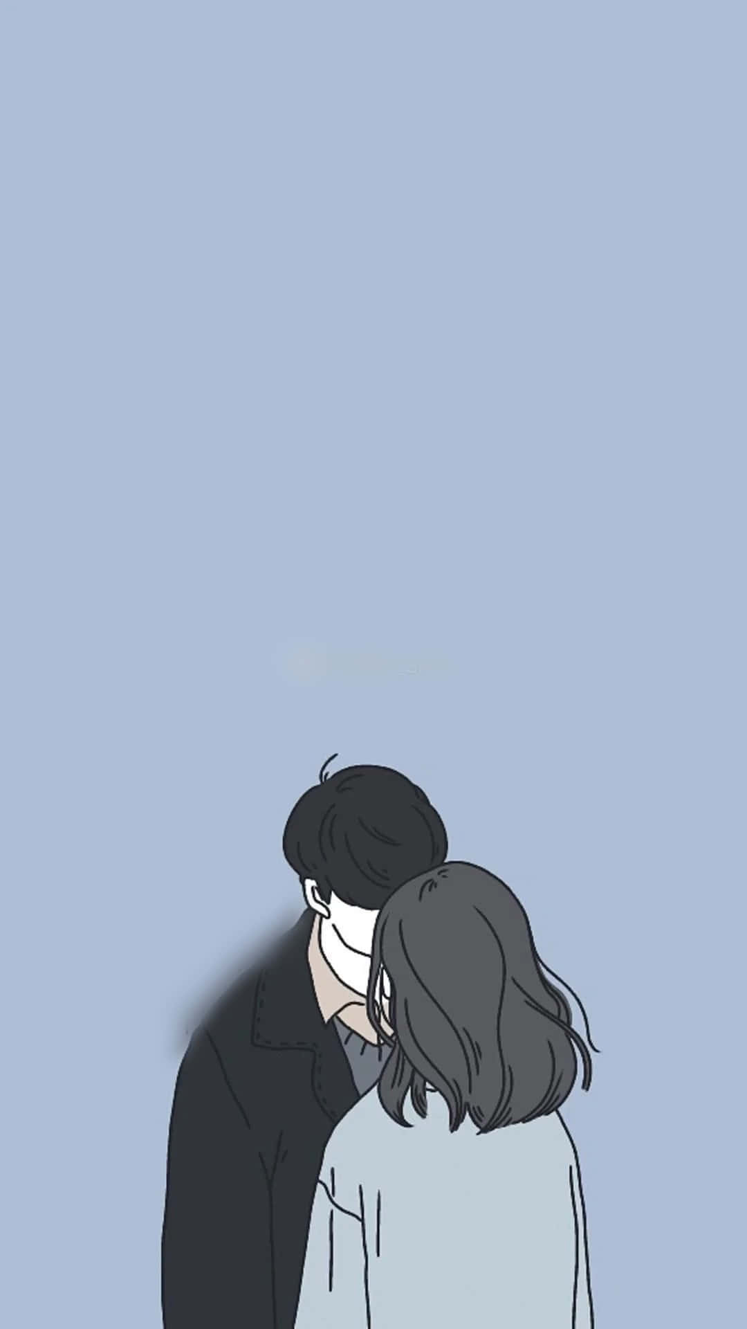 兩個人在藍色背景下以極簡線條藝術風格擁抱。
