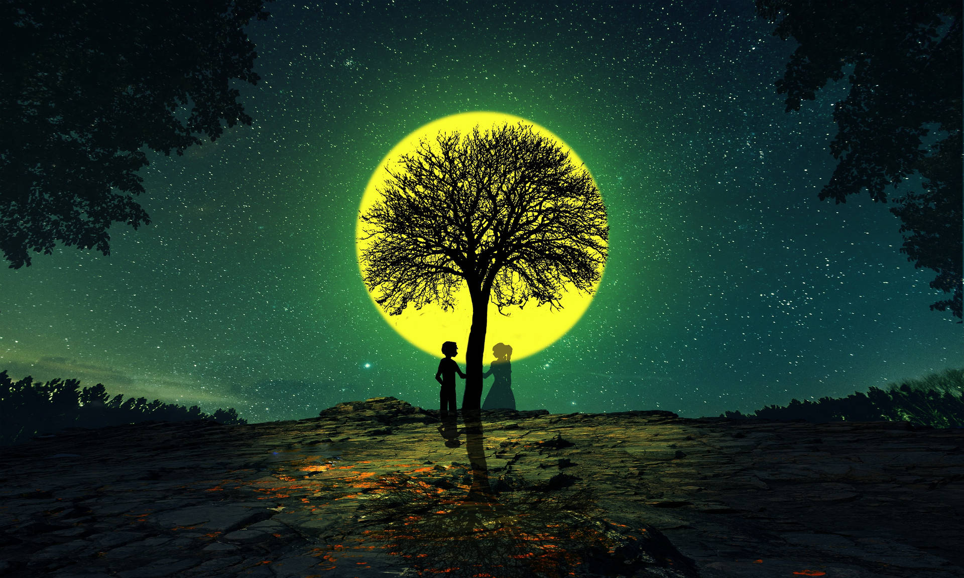 夜晚，兩個人站在樹下，上方有發光的月亮和星星。