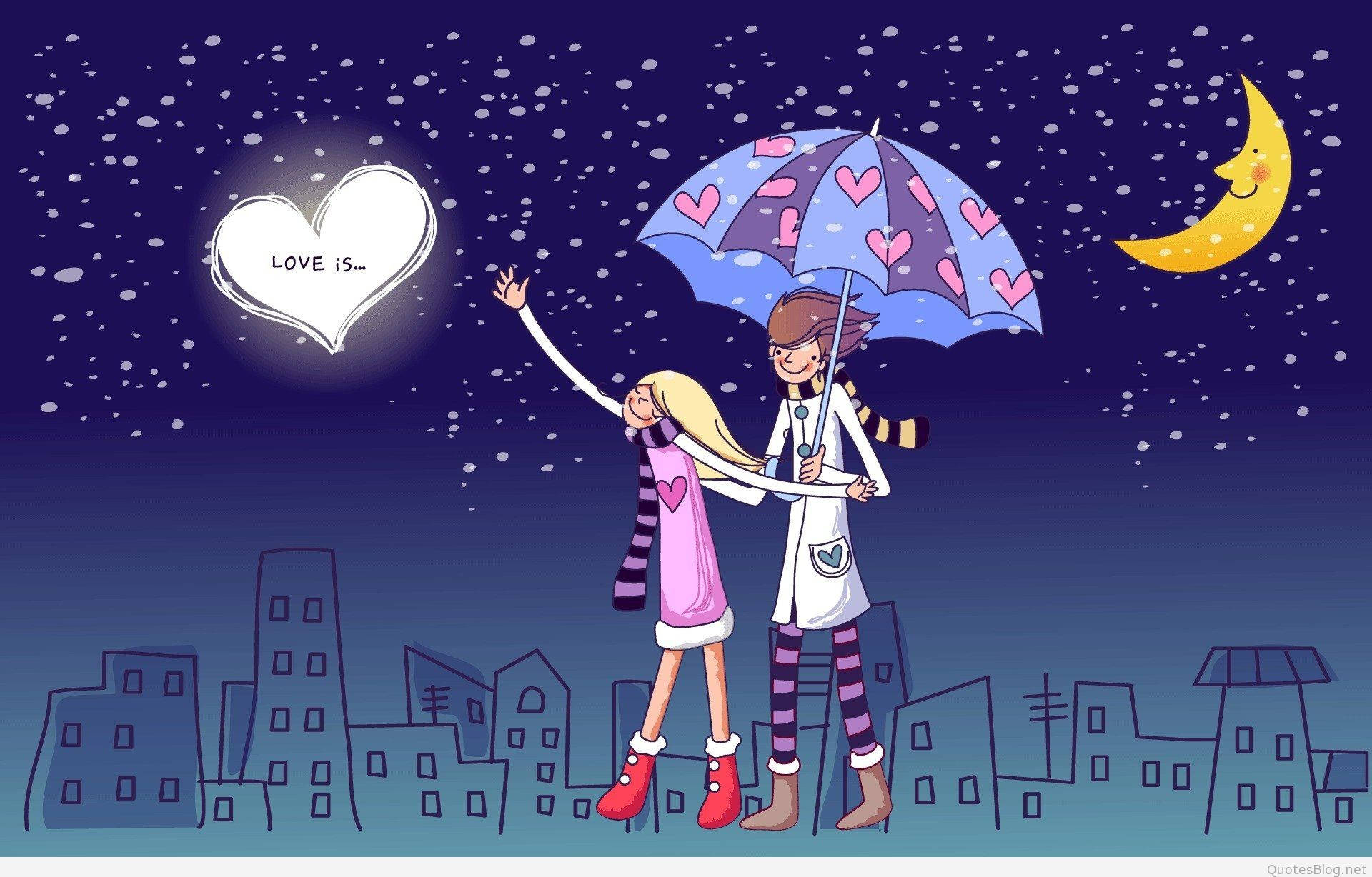 情侶可愛卡通 壁紙 — 夜晚雪景中，一對卡通情侶在愛心圖案雨傘下，上方有微笑的月亮和發光的愛心。