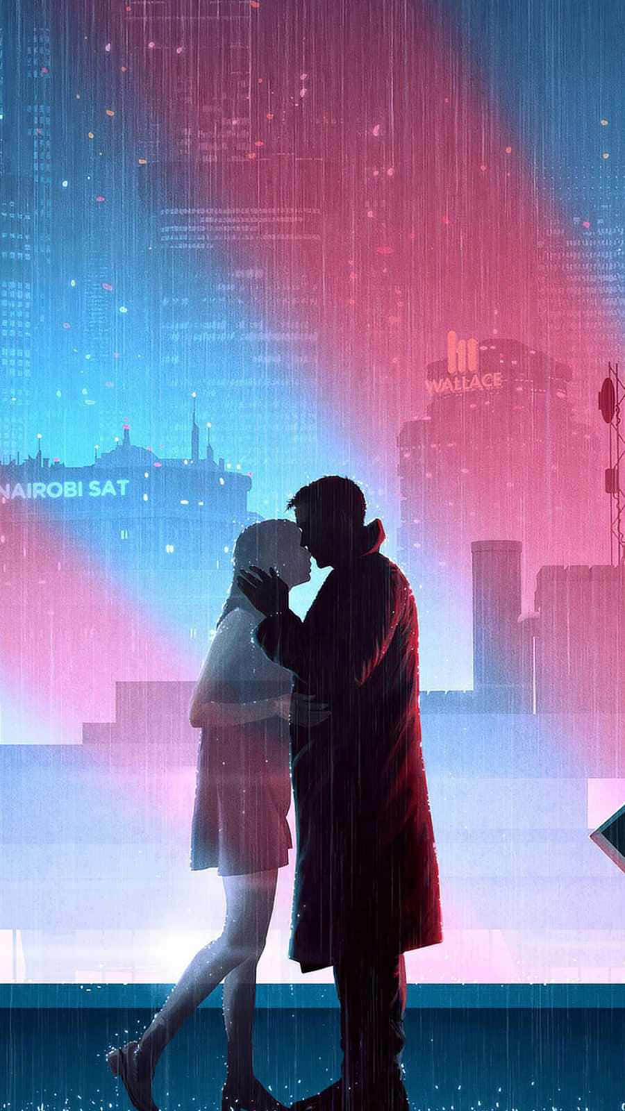 情侶在夜晚霓虹燈下雨中接吻。