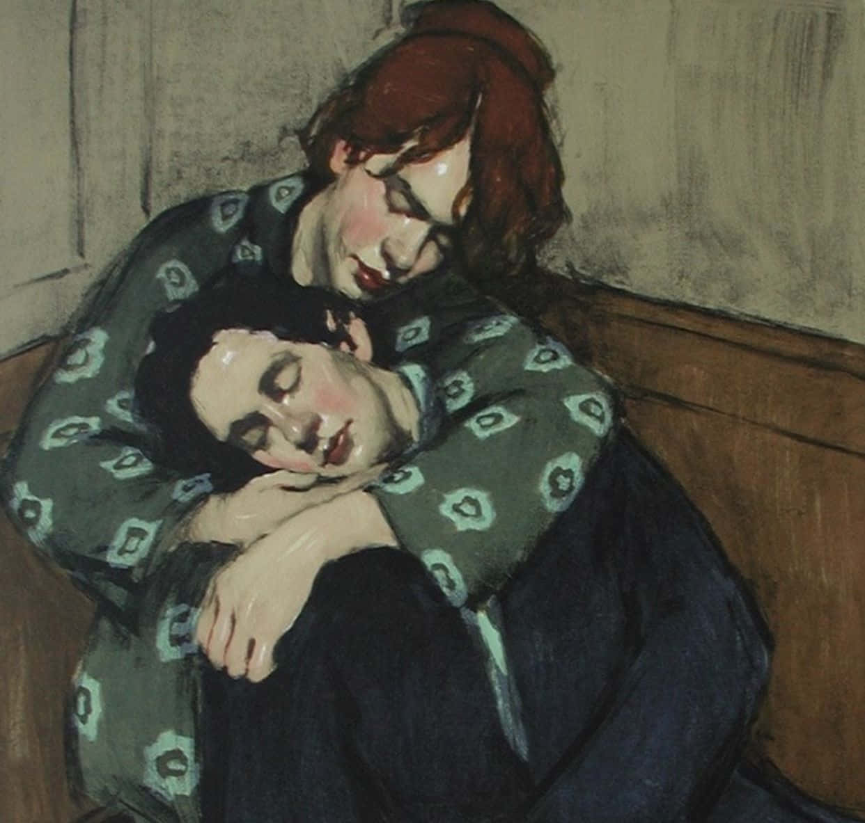 情侶睡姿照片 壁紙 — 一幅溫柔的油畫展示了一位紅髮女子懷抱著一個穿著圖案長袍、靠在木長凳上睡著的男人。