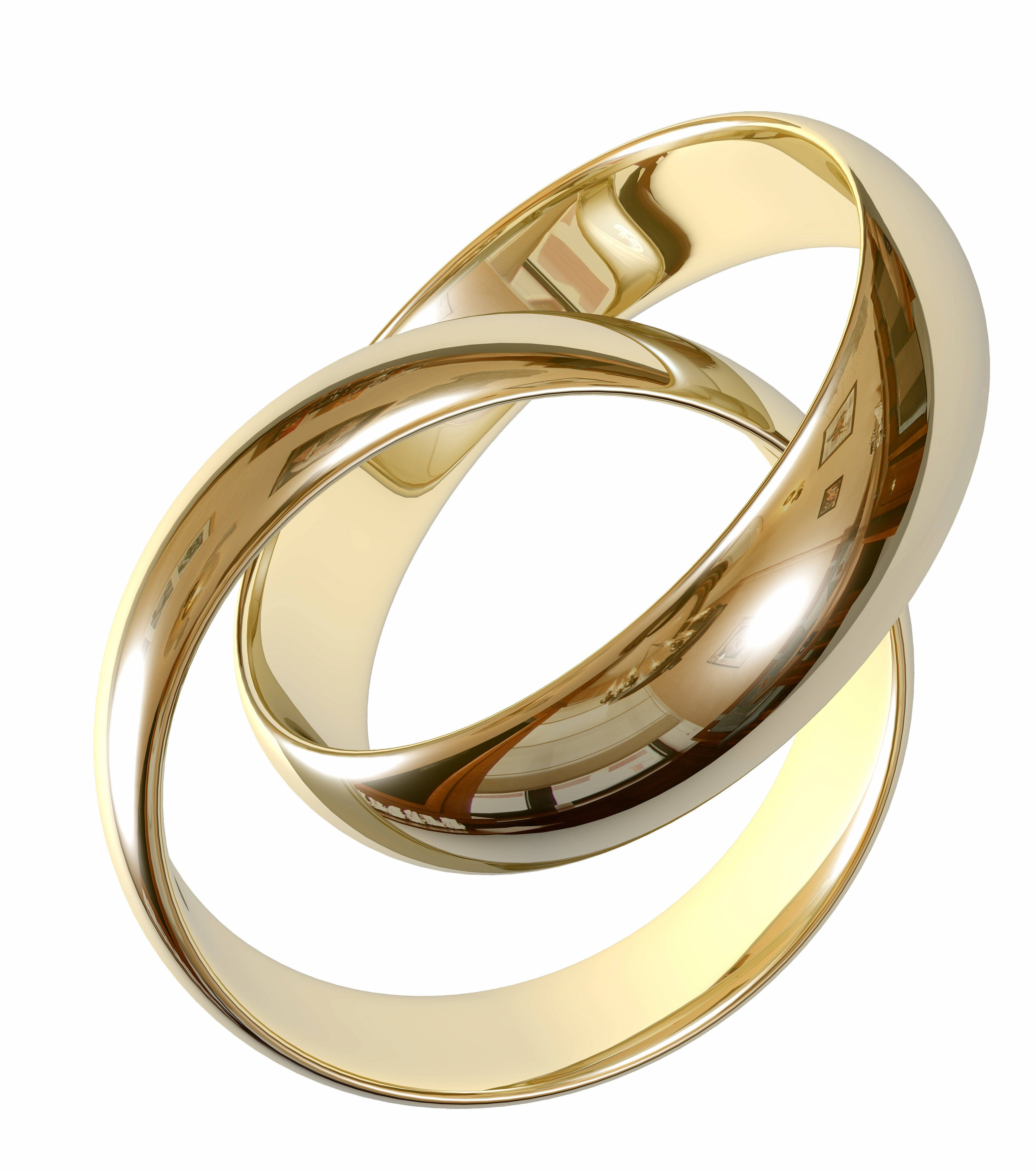 情侶金婚戒 壁紙 — 兩枚交織的金色結婚戒指在純白背景上閃耀著拋光反射。