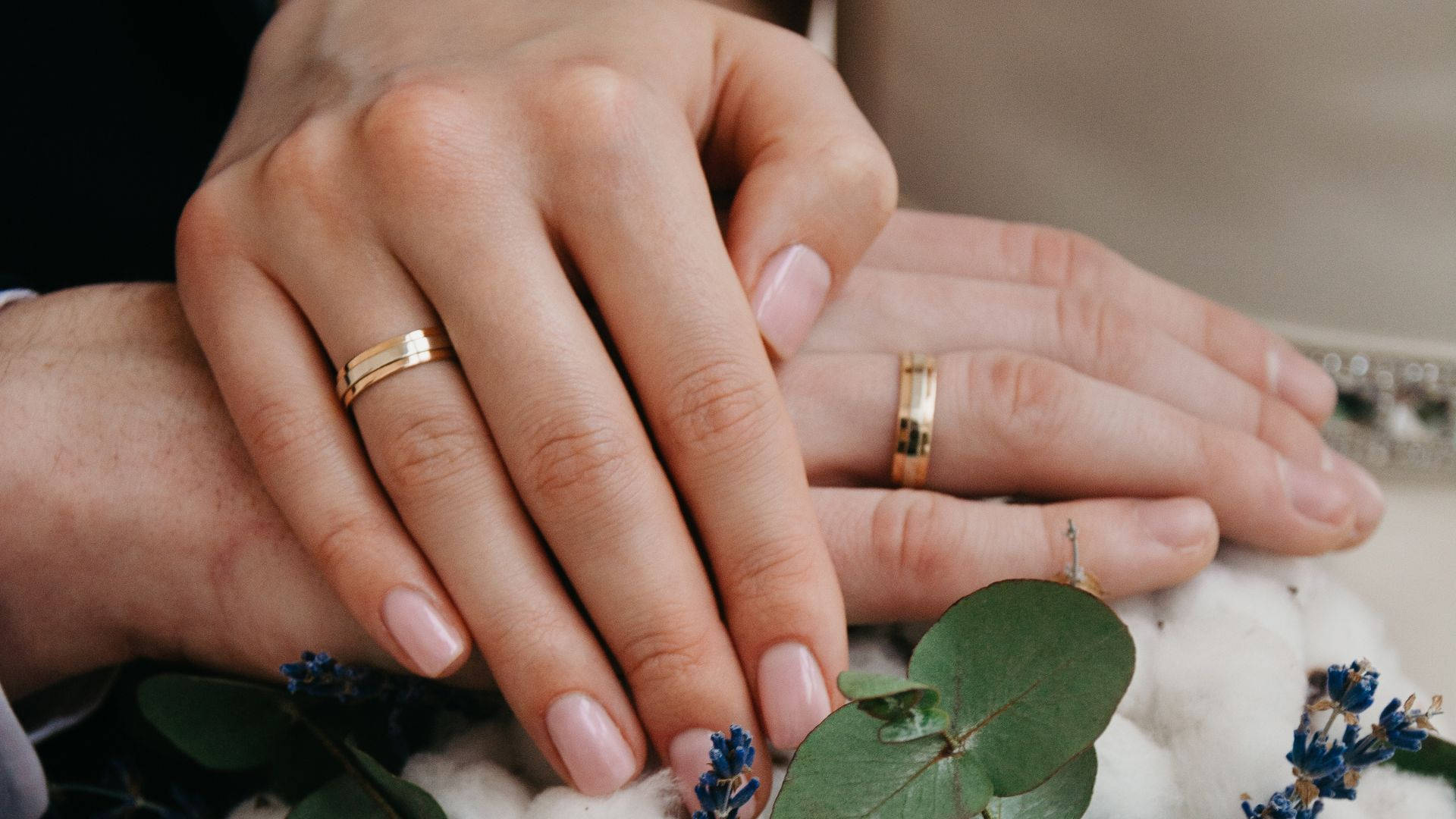 戴著金結婚戒指的交握雙手放在棉花和尤加利上。