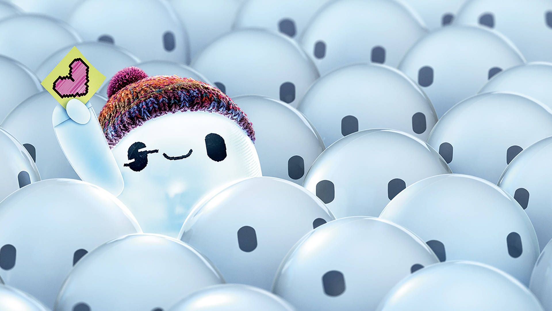 一個戴著針織帽的微笑雪人，在相同的雪人中拿著一個像素心。