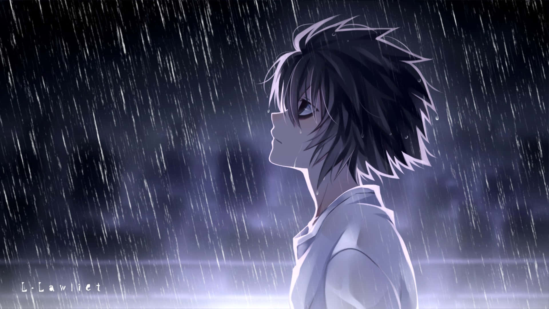 動漫男孩夜晚站在雨中，戲劇性燈光。