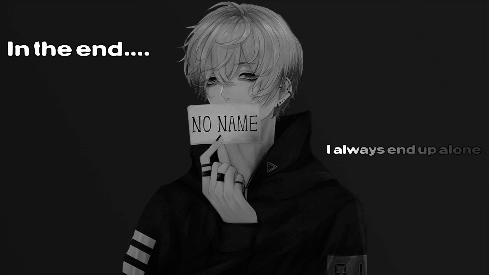動畫男孩手持帶有關於孤獨文字的「NO NAME」牌子。