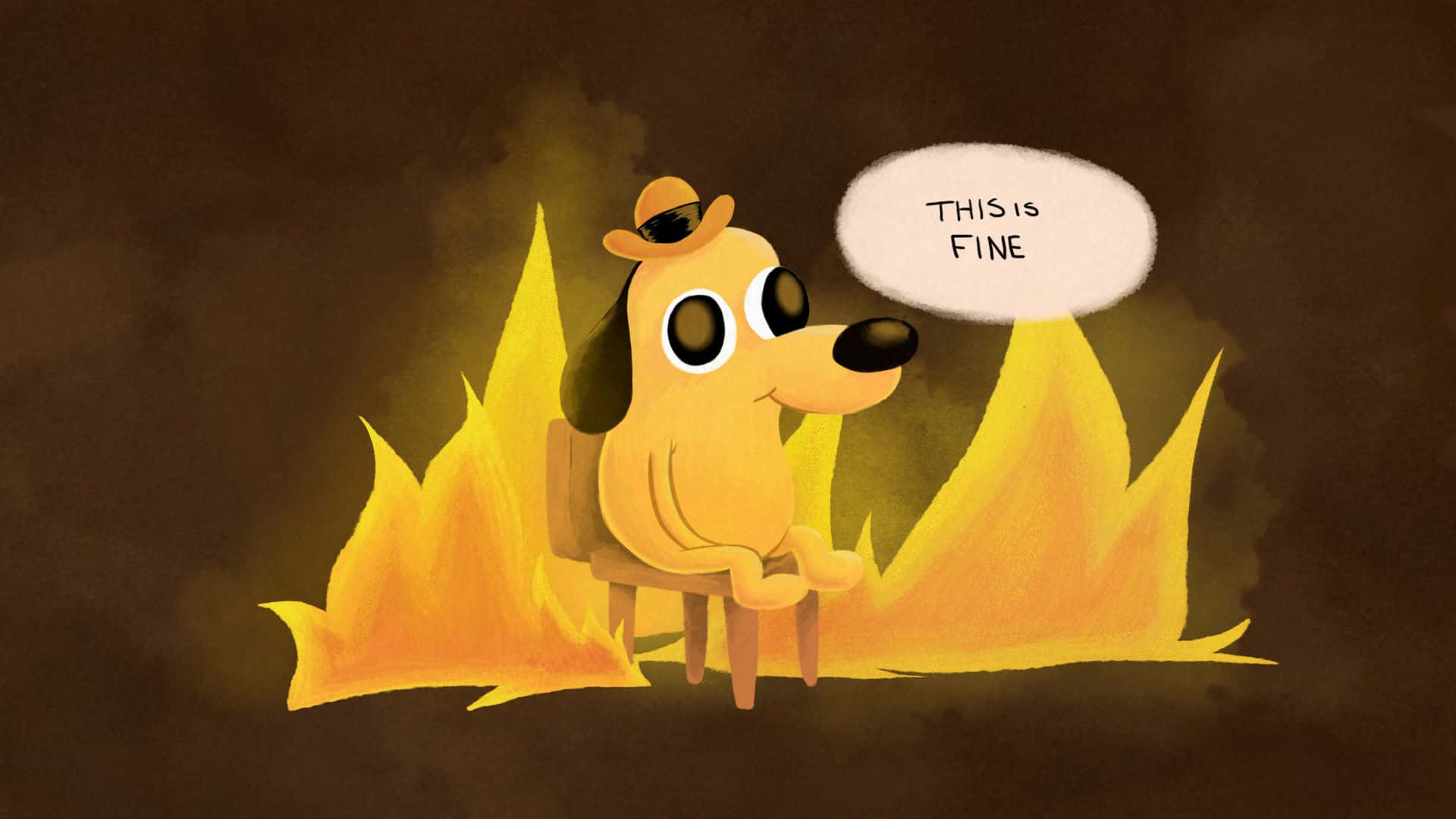 戴帽子的卡通狗平靜地坐在火焰中說著「this is fine」。
