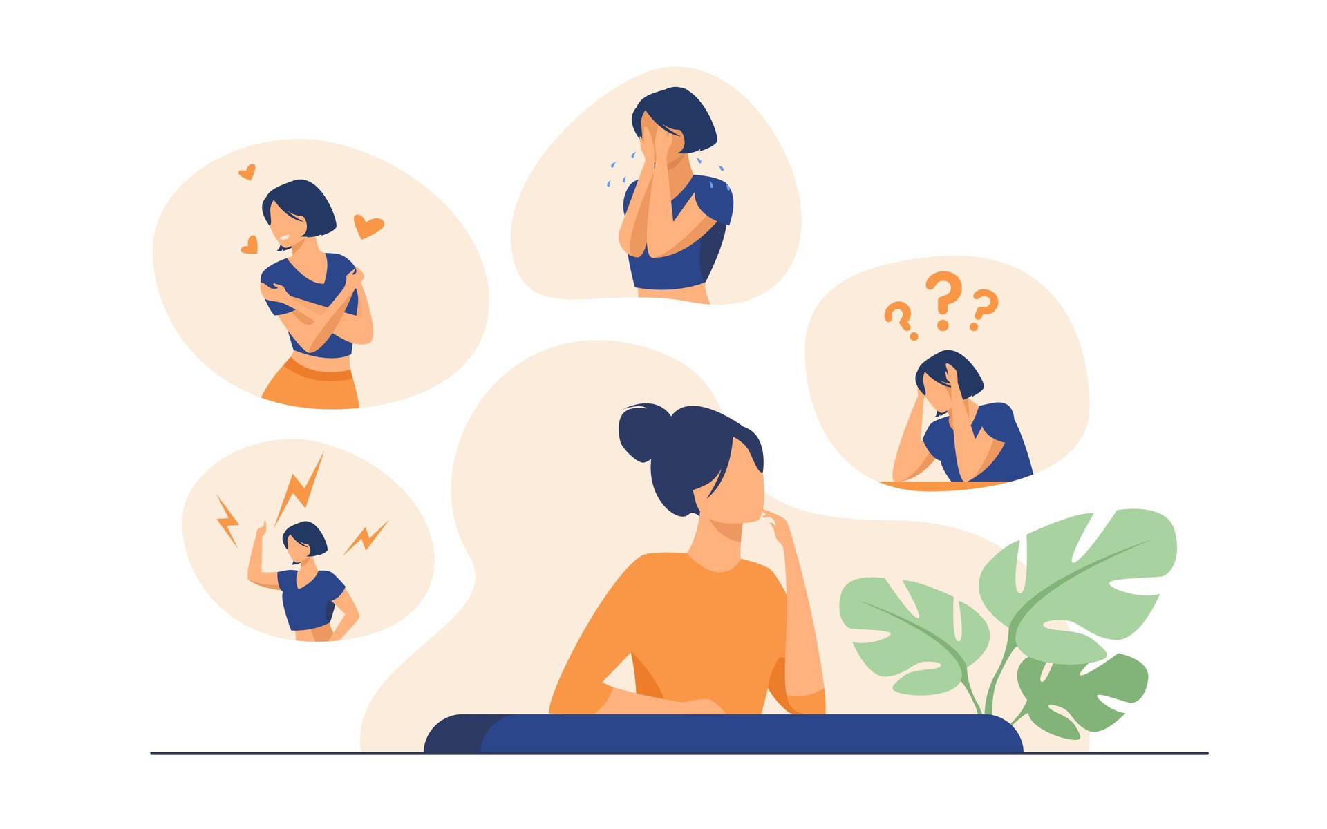 女士沉思，對話氣泡顯示不同情緒。