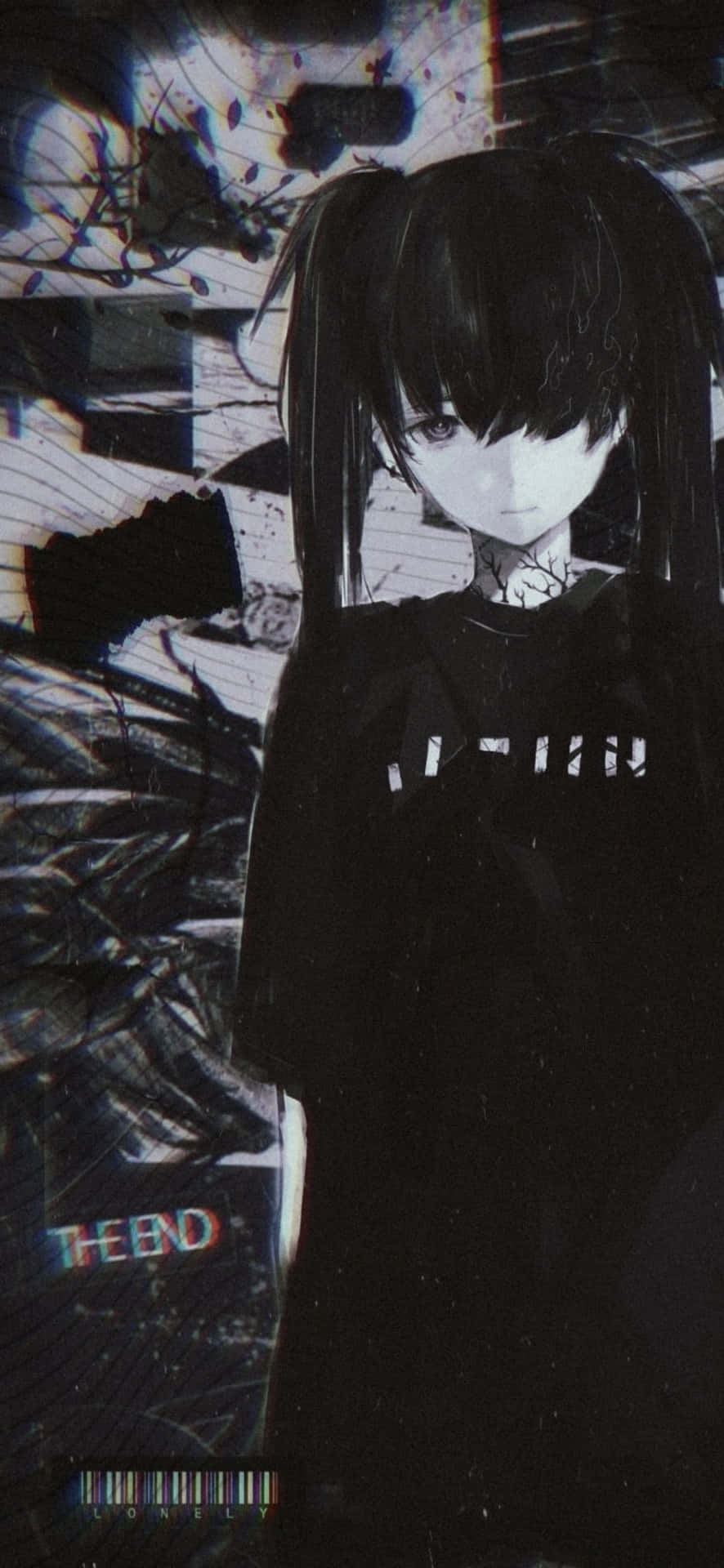 故障黑暗背景中的雙馬尾動漫女孩和THE END文字