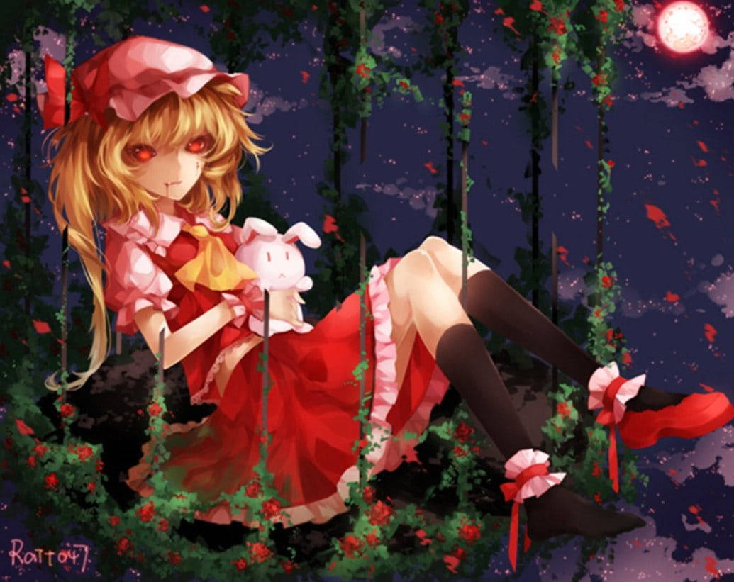 穿著紅色連衣裙的動漫女孩在鞦韆上，身後有荊棘藤蔓和紅月亮。