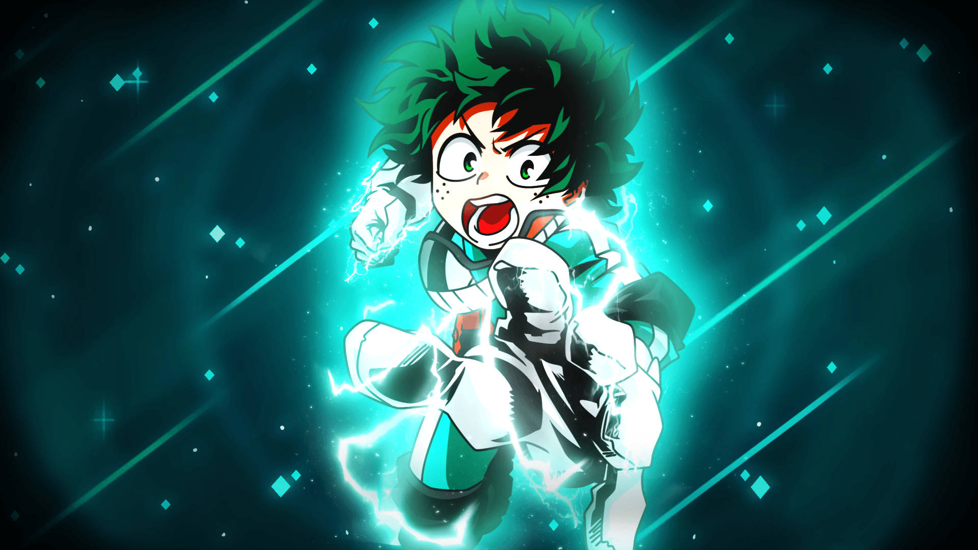 惡役Deku 伊茲庫·米德奧里亞 綠色雷電 壁紙 — 一個充滿動感的動漫英雄，擁有尖刺的綠色頭髮，在發光的青綠色宇宙背景中釋放電能。