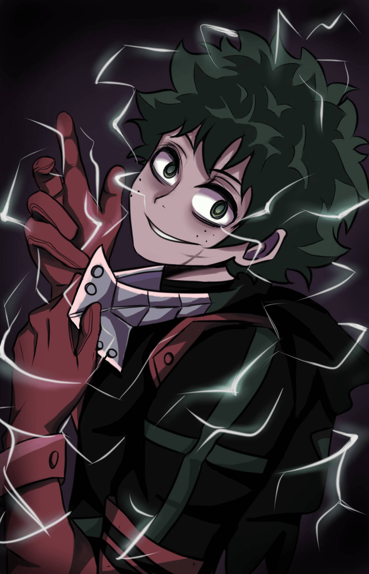 惡役Deku 白色雷電 原創藝術 壁紙 — 一個開心的動畫男孩，有著尖刺的綠色頭髮，在黑暗背景中揮舞著手上噼啪作響的閃電。