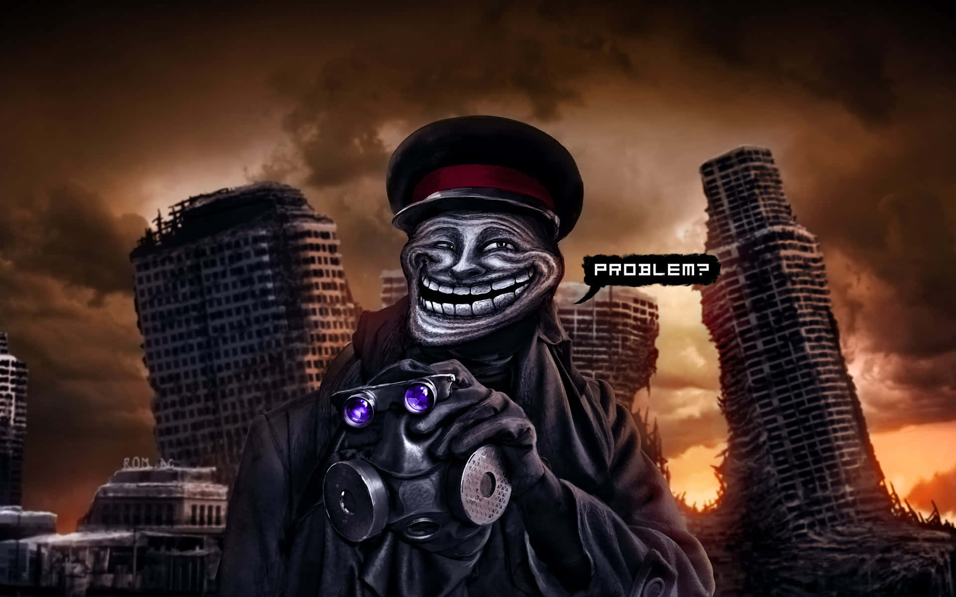 一個戴著軍帽的陰險微笑人物，在熾熱天空下，於被毀建築物中手持雙筒望遠鏡。