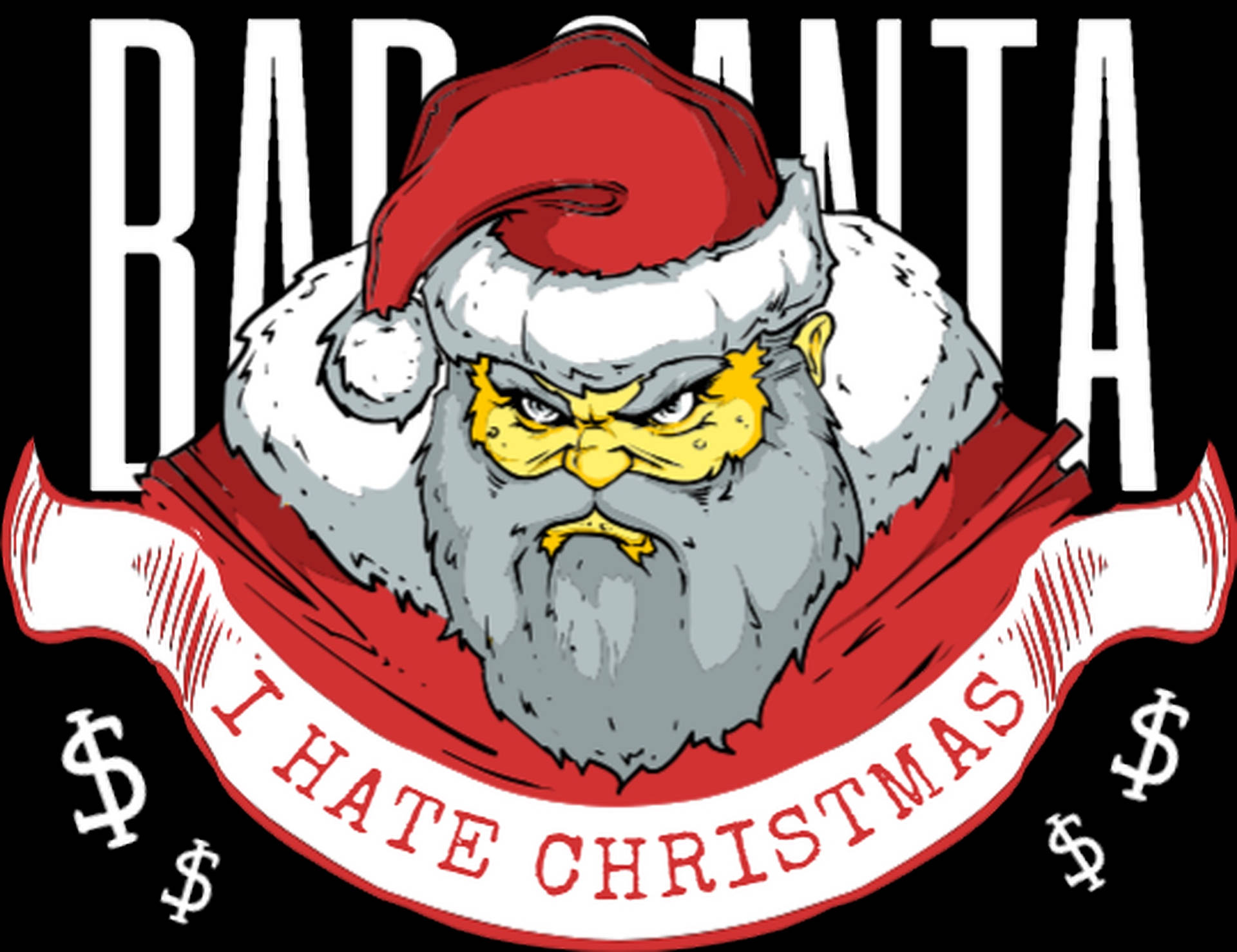憤怒的卡通聖誕老人，黃色臉孔和灰色鬍鬚，舉著寫有I HATE CHRISTMAS的橫幅。