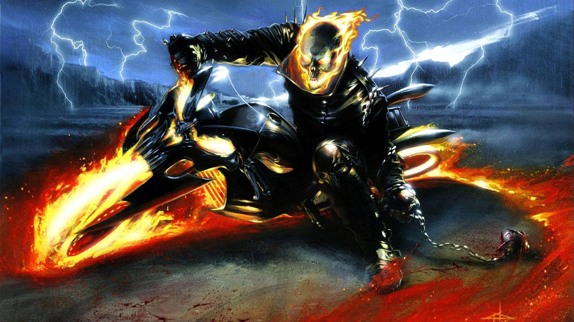 鬼 Rider 桌布 壁紙 — 惡靈騎士騎著一輛燃燒的電單車，在雷電交加的暴風雨夜晚中奔馳。