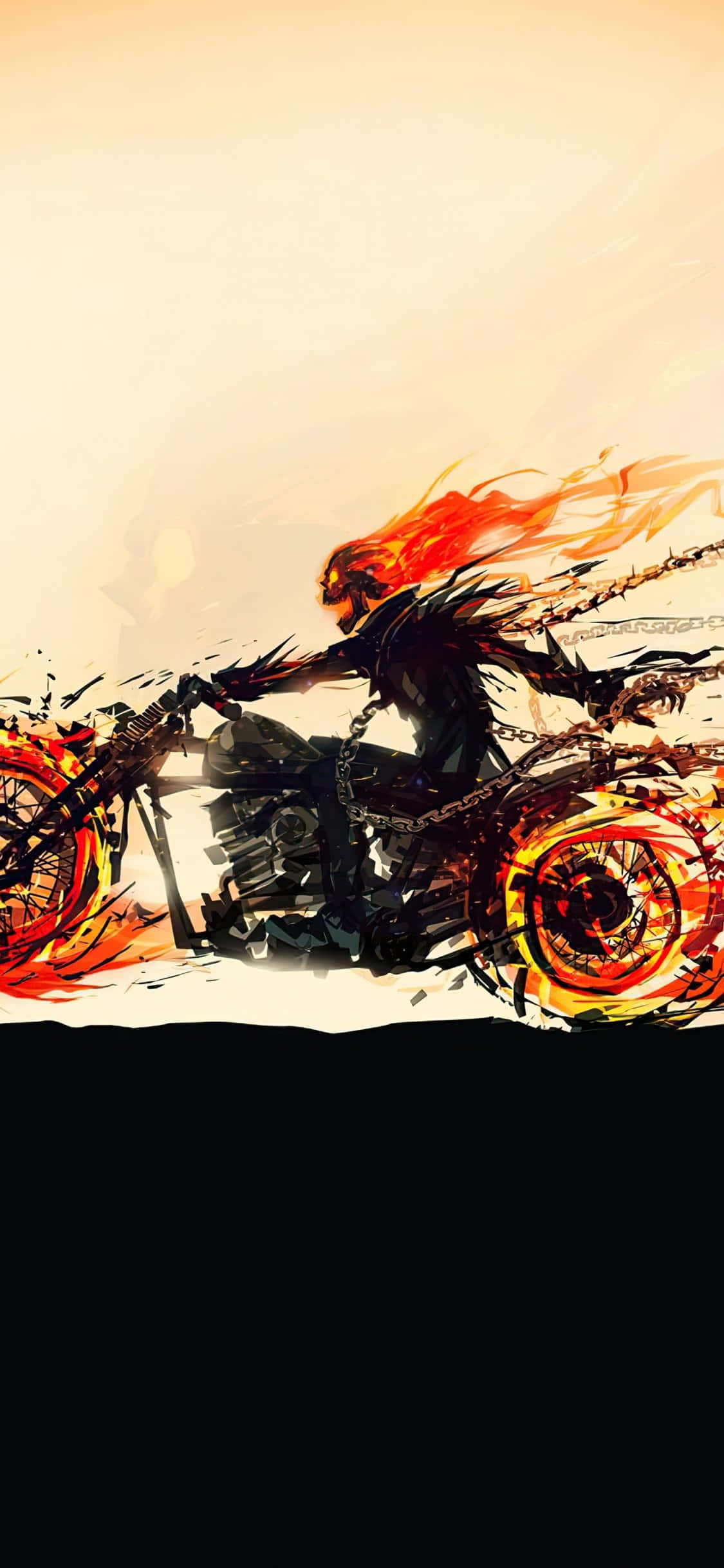 鬼 Rider 桌布 壁紙 — 惡靈騎士騎著一輛燃燒的電單車，帶著鎖鏈和火焰般的頭髮，背景是溫暖的漸變天空。
