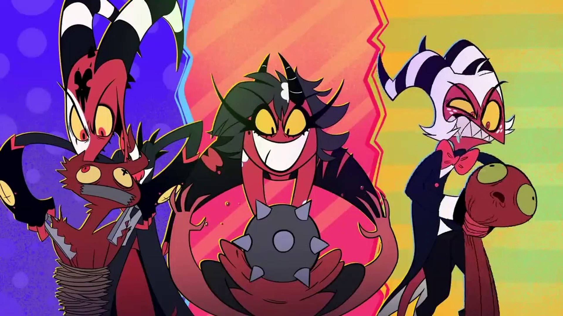 《惡魔上司》三惡魔組合 壁紙 — 三個卡通風格的惡魔角色，擁有尖銳的牙齒和條紋角，在充滿活力的漸變背景前擺姿勢。