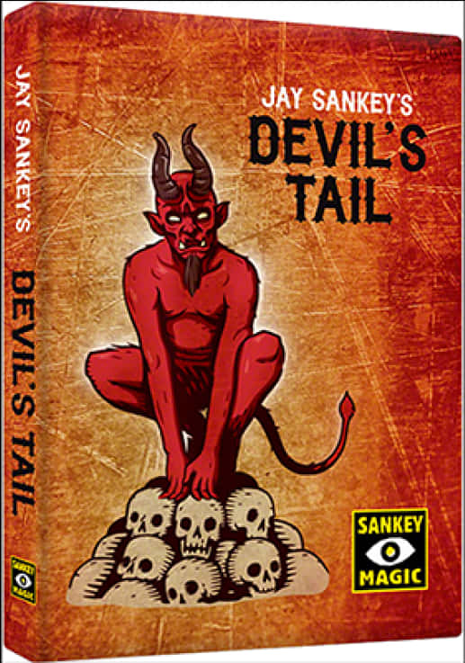 惡魔之尾魔術產品封面 壁紙 — 一個紅色卡通惡魔，有角和尾巴，蹲在一堆頭骨上，背景是帶紋理的橙色。