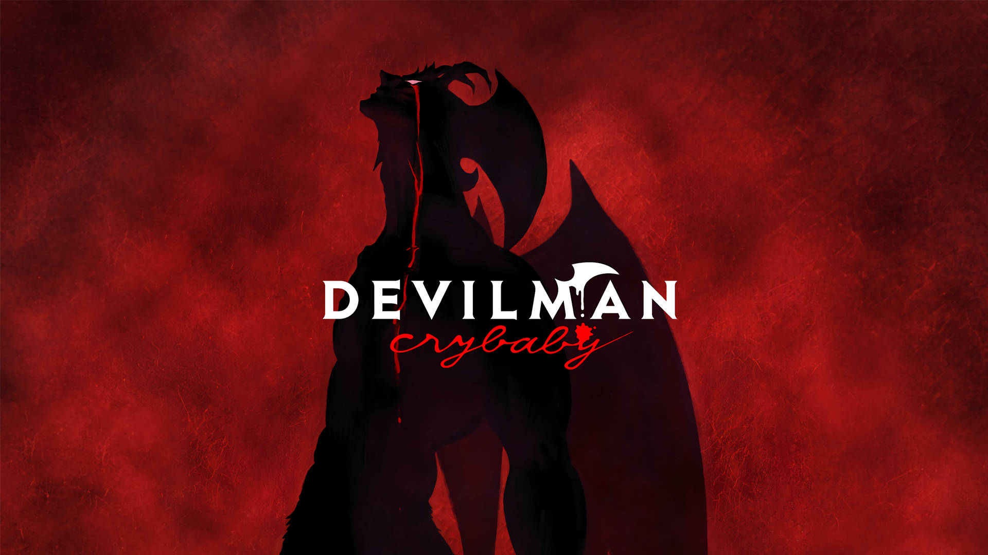 Devilman Crybaby 動漫角色剪影，血滴在紅色背景上。