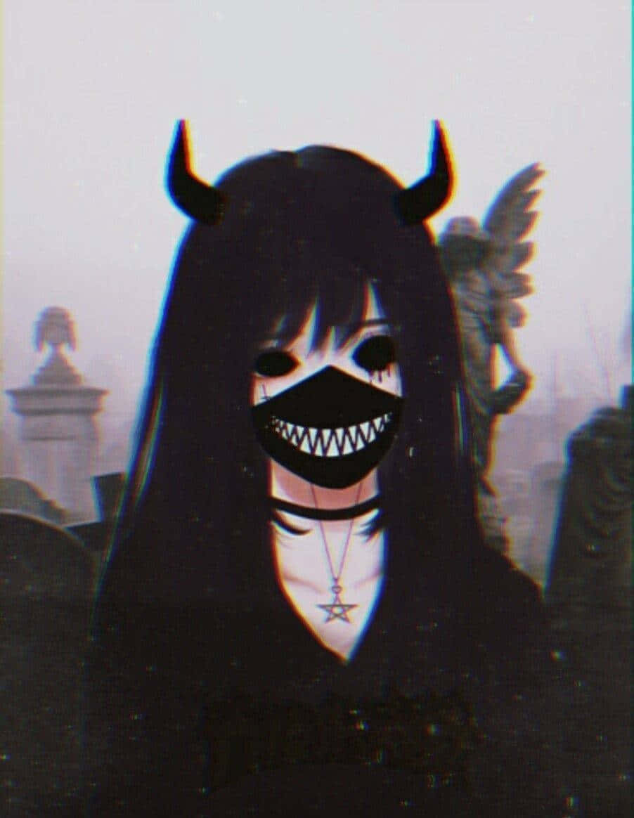 惡魔動漫少女恐懼頭像 壁紙 — 一個黑髮、有角、戴著鋸齒面具的動漫女孩，站在有天使雕像的霧氣瀰漫的墓地中。