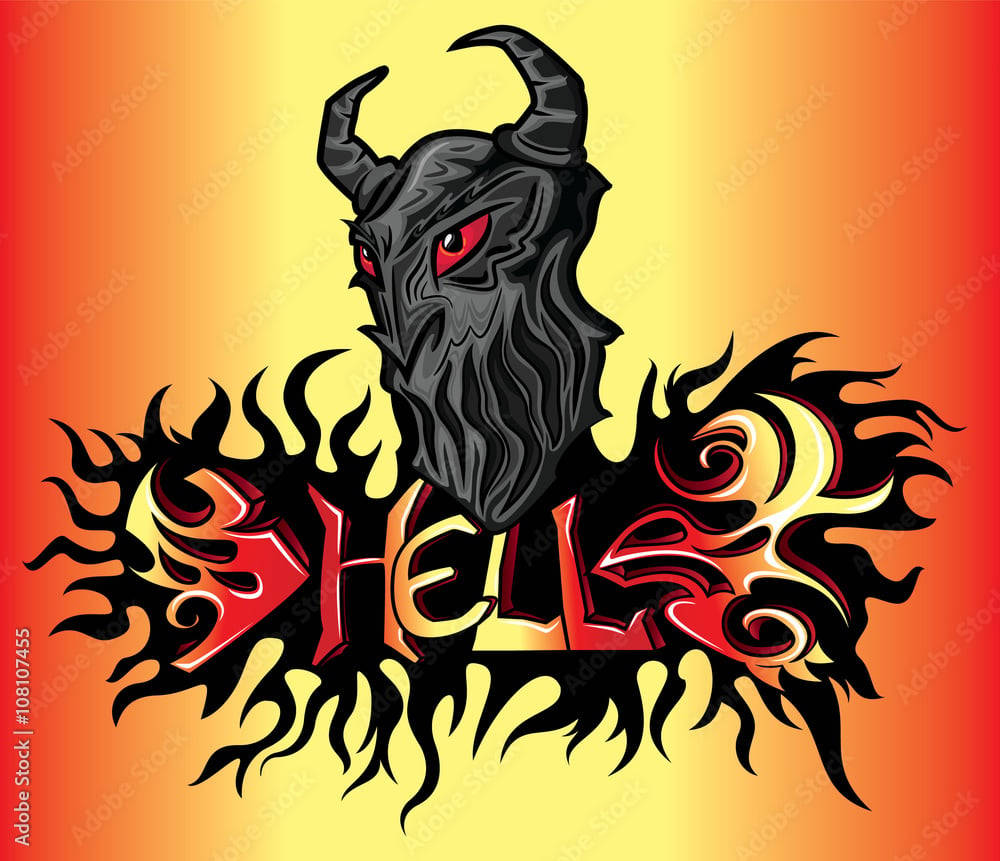 火焰中浮現的魔鬼頭部，帶有紅色眼睛和角，在漸變背景上拼寫「HELL」。