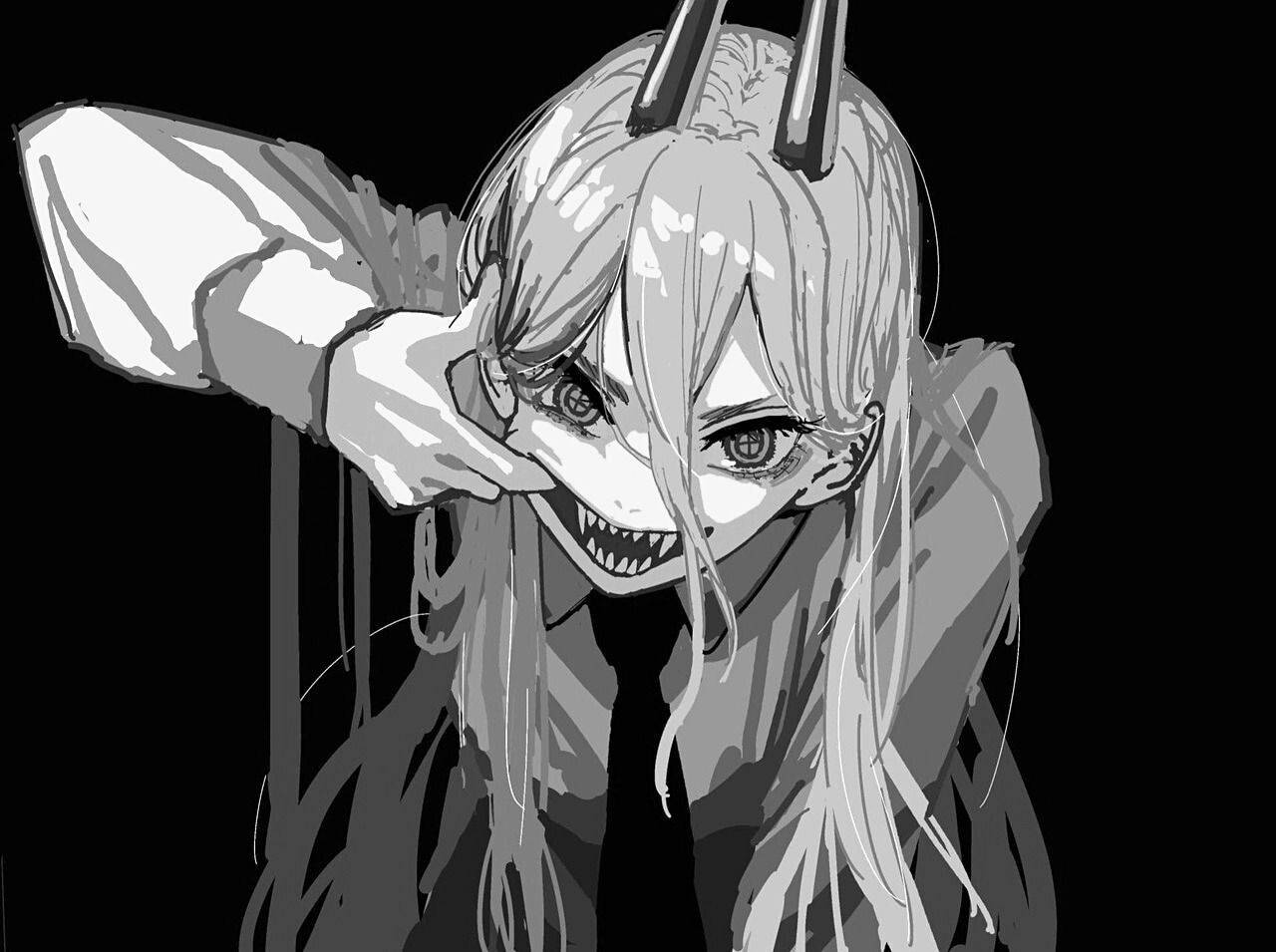 惡魔女孩酷炫動漫頭像 壁紙 — 一個帶有角和尖牙的威脅性動漫女孩，在黑色背景前用手遮住半張臉咧嘴笑。