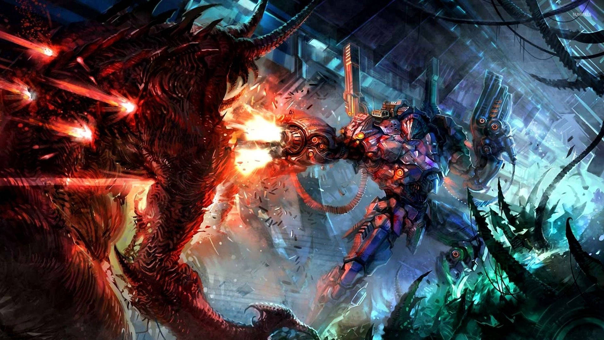 機甲戰士在廢墟城市中向惡魔生物射擊