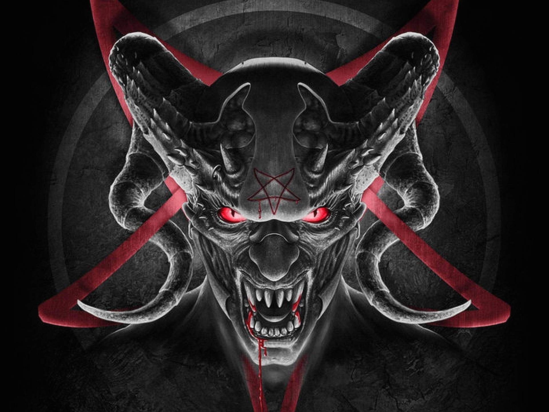 一個帶有發光紅眼和滴血角的惡魔面孔。