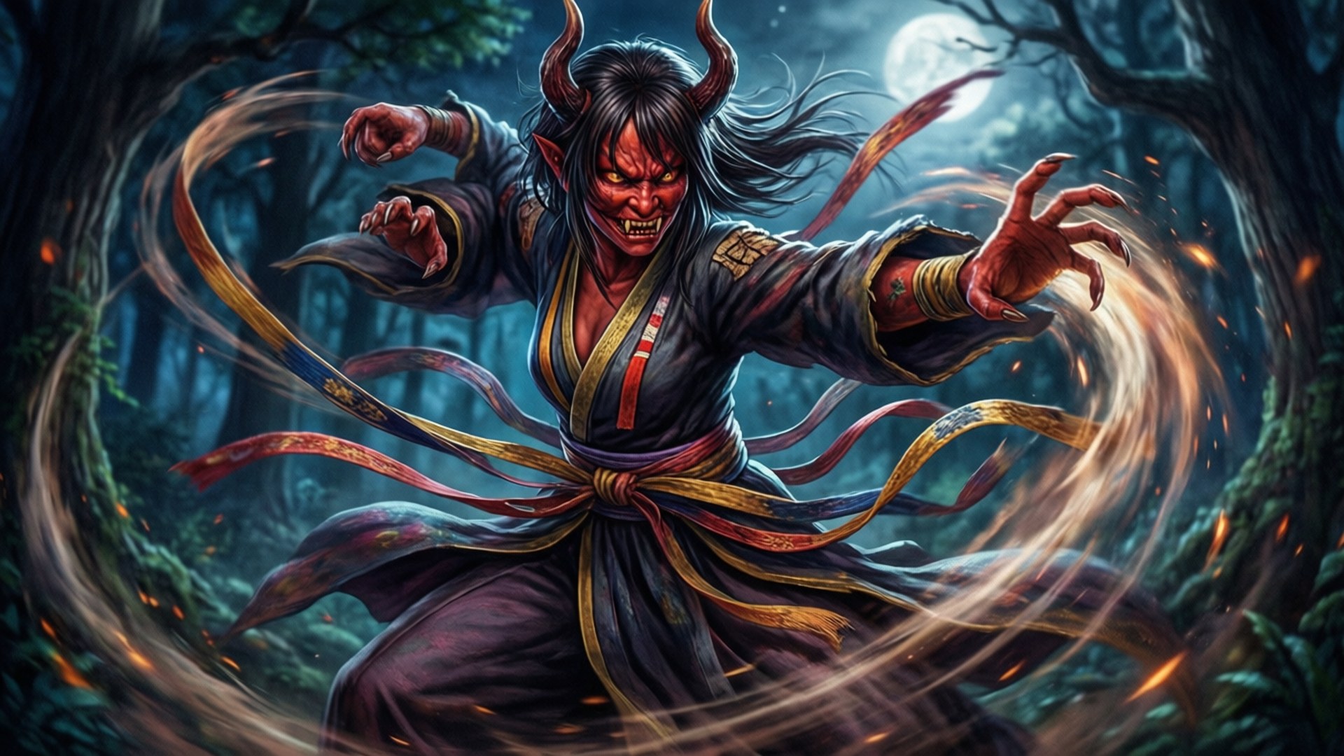 滿月下在森林中施法的惡魔戰士